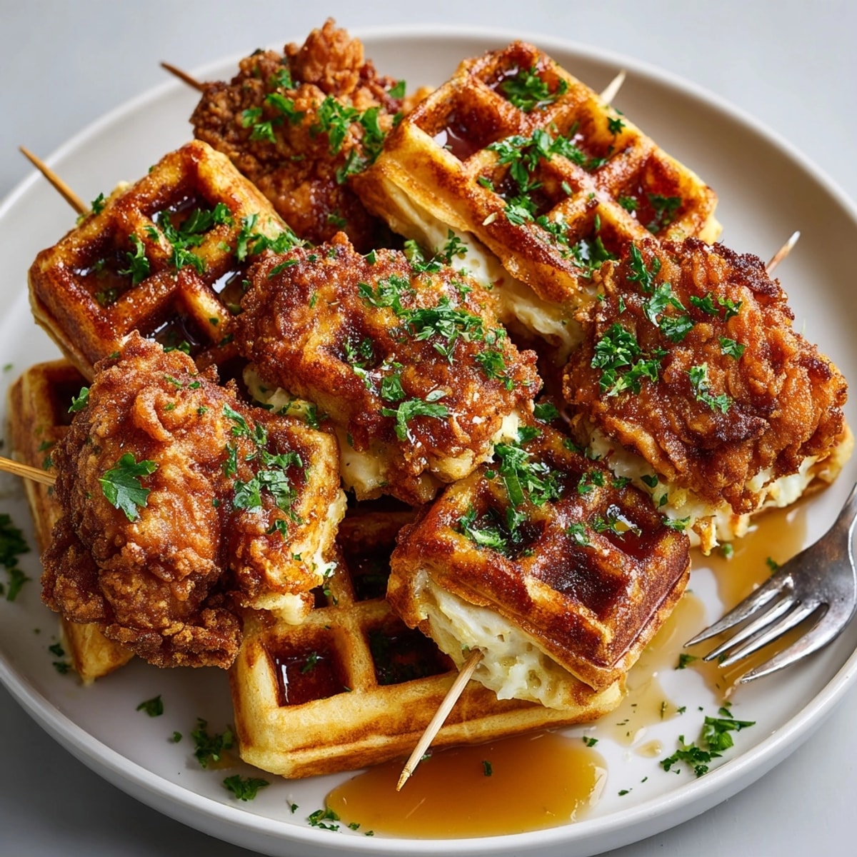 Golden Chicken and Waffle Bites: savory fried chicken and sweet, fluffy waffles on skewers.