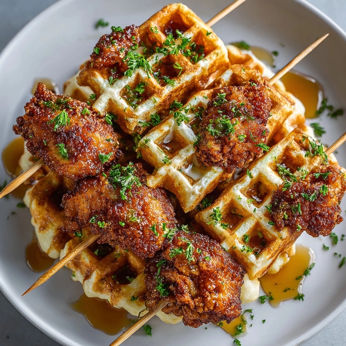Close-up of crispy Chicken and Waffle Bites drizzled with maple syrup, ready to eat.
