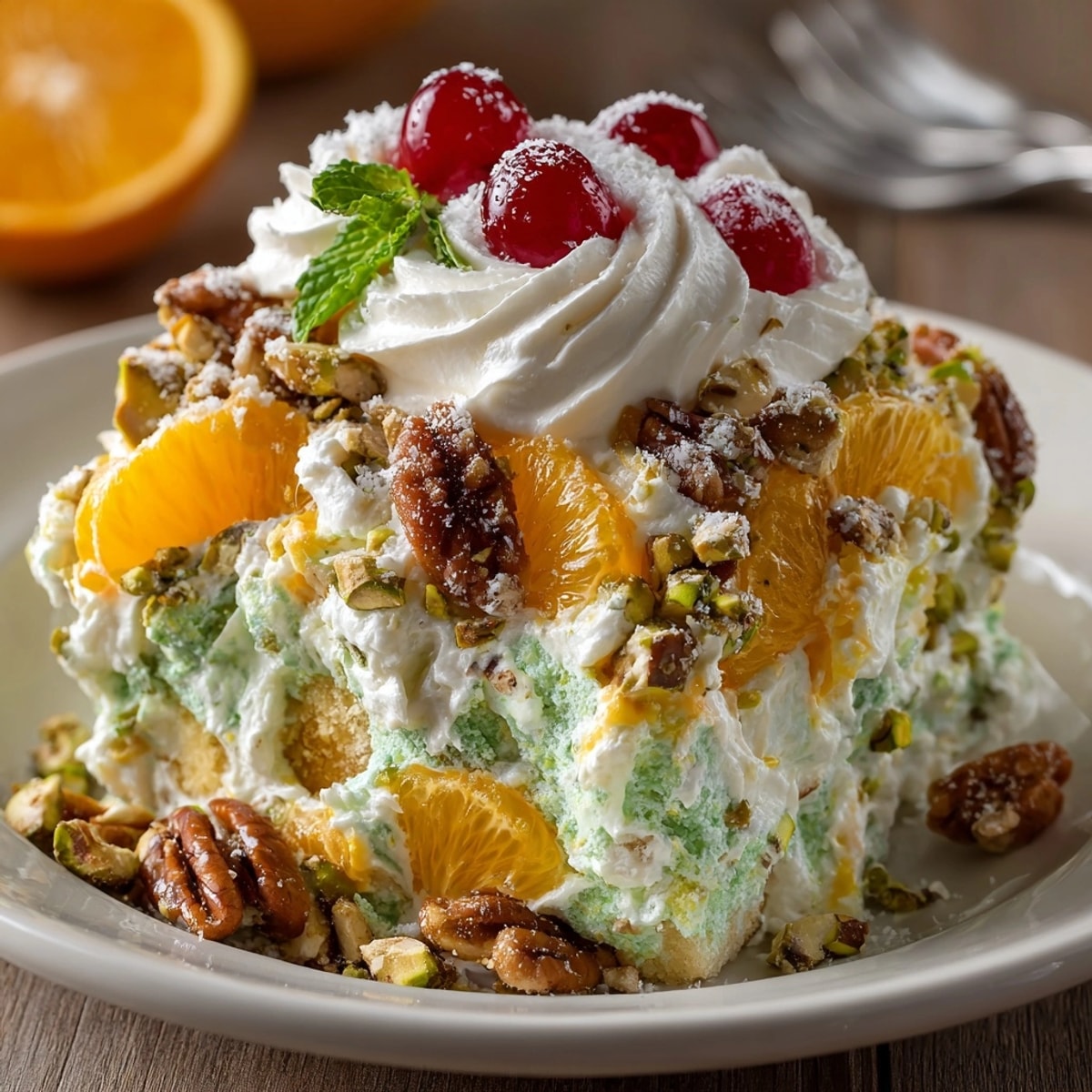 Close-up of luscious Pistachio Marshmallow Fluff Salad in a glass bowl, garnished with cherries.