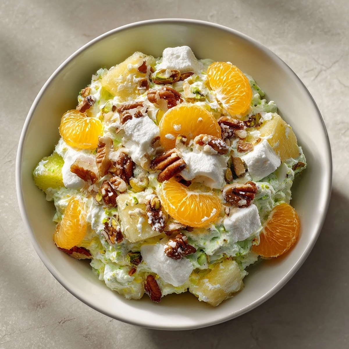 Retro Pistachio Marshmallow Fluff Salad recipe: a creamy, green dessert with nuts and pineapple.