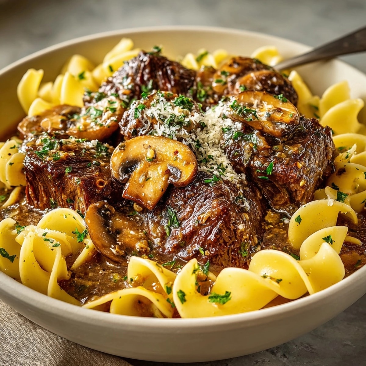 Rich, savory slow cooker beef & mushroom gravy blanketing buttered egg noodles.