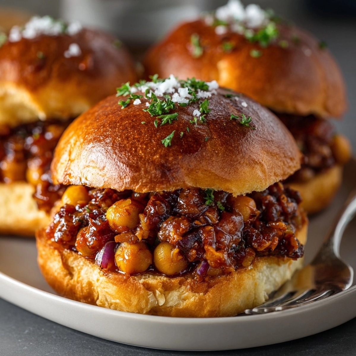 Tangy BBQ Chickpea Sloppy Joes piled high on soft, golden sweet rolls recipe.