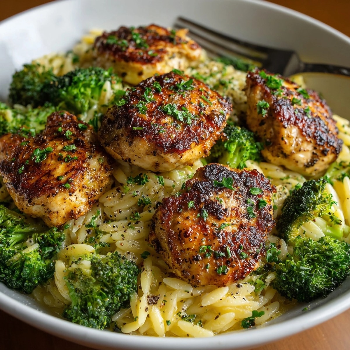 Imagine tangy Lemon Pepper Chicken &amp; Broccoli Orzo Skillet, plated and steaming hot.