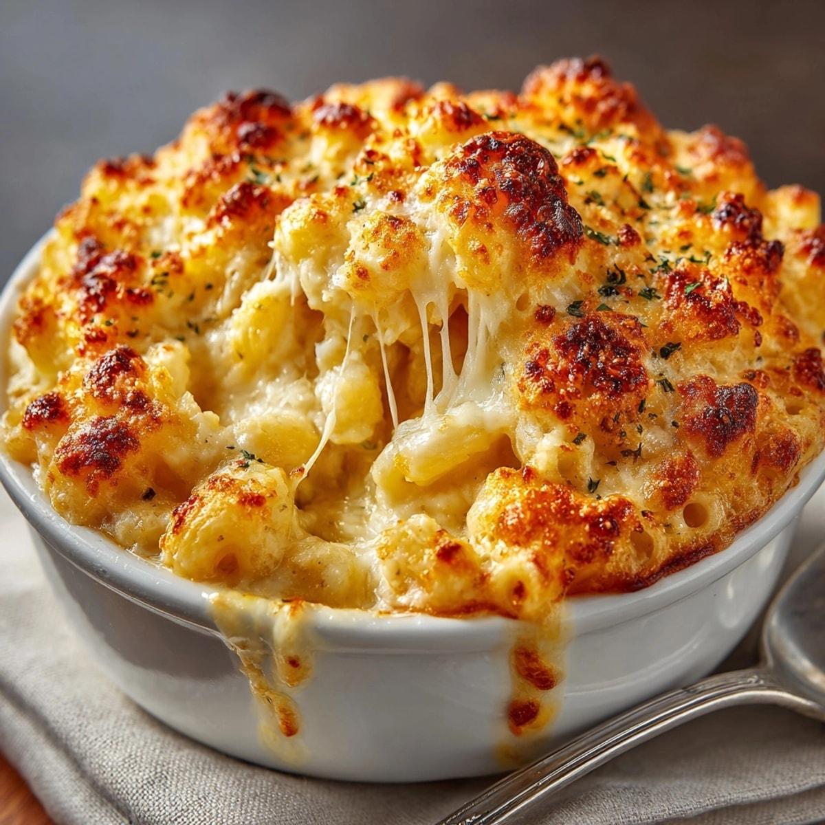 Creamy three-cheese baked macaroni recipe, golden brown bubbling top, perfect for a cozy dinner.