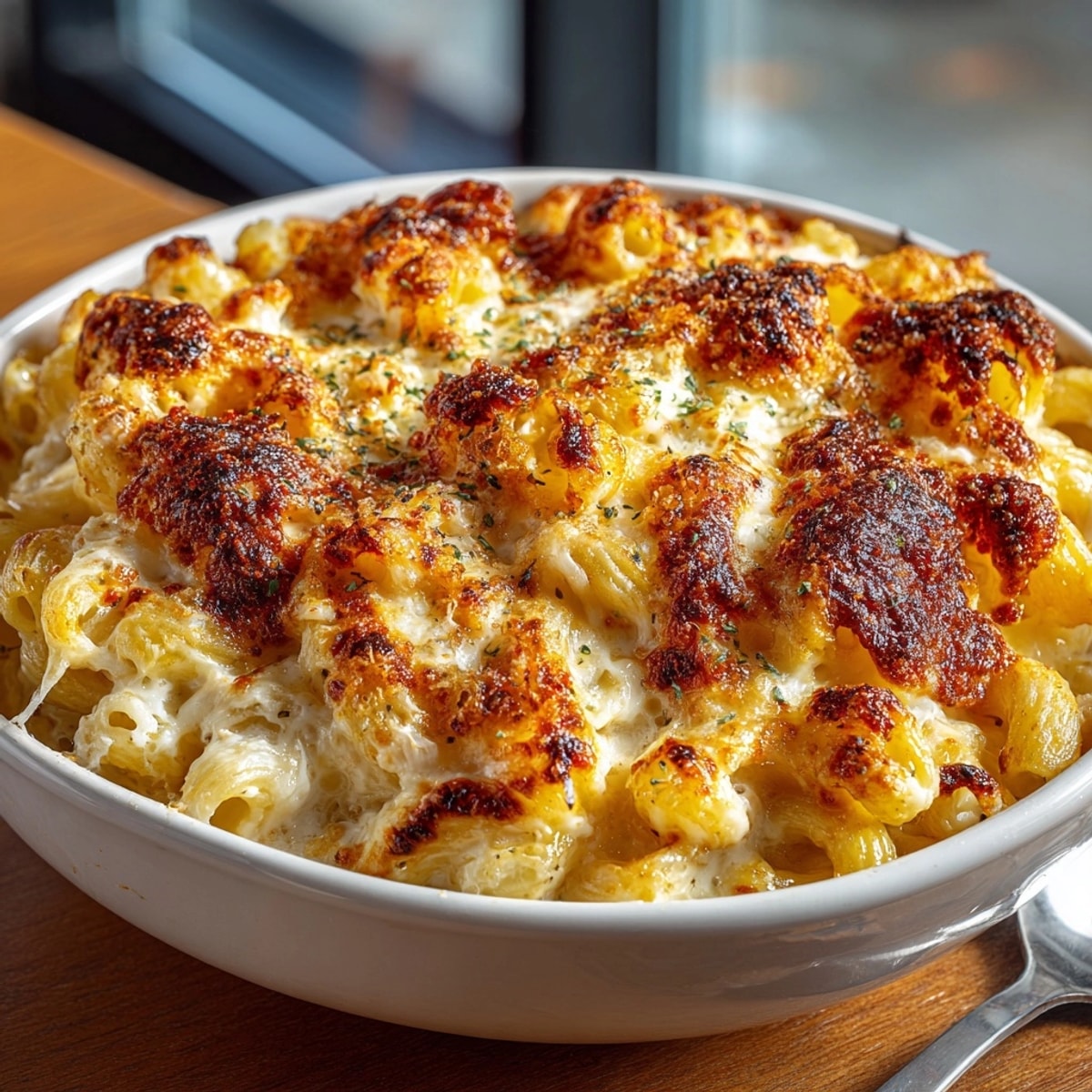 Close-up of homemade classic three-cheese baked macaroni, warm cheesy aroma in the kitchen.