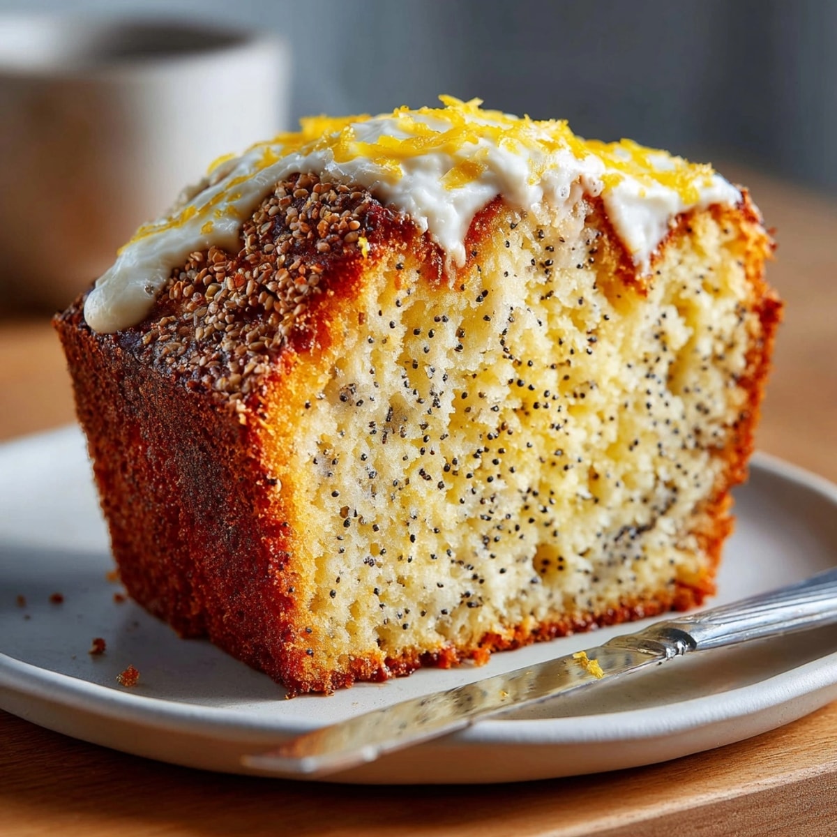 Golden Lemon Poppy Seed Ricotta Loaf glistens, ready for frosting, on a wooden board.