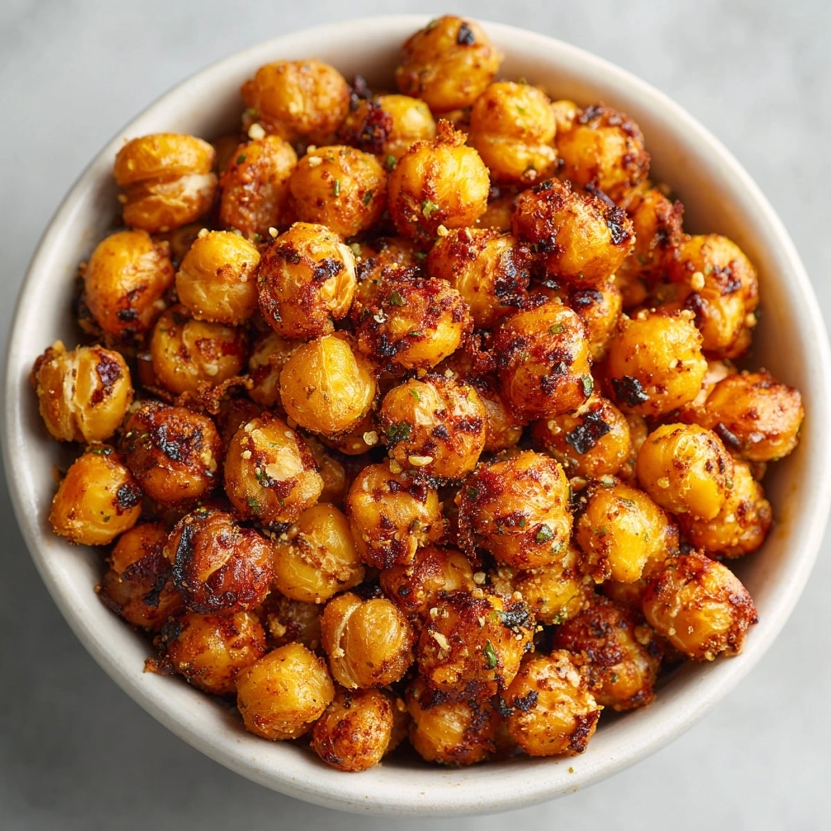 Crispy BBQ Ranch Roasted Chickpea Crunchers: golden-brown, savory snacks fresh from the oven.
