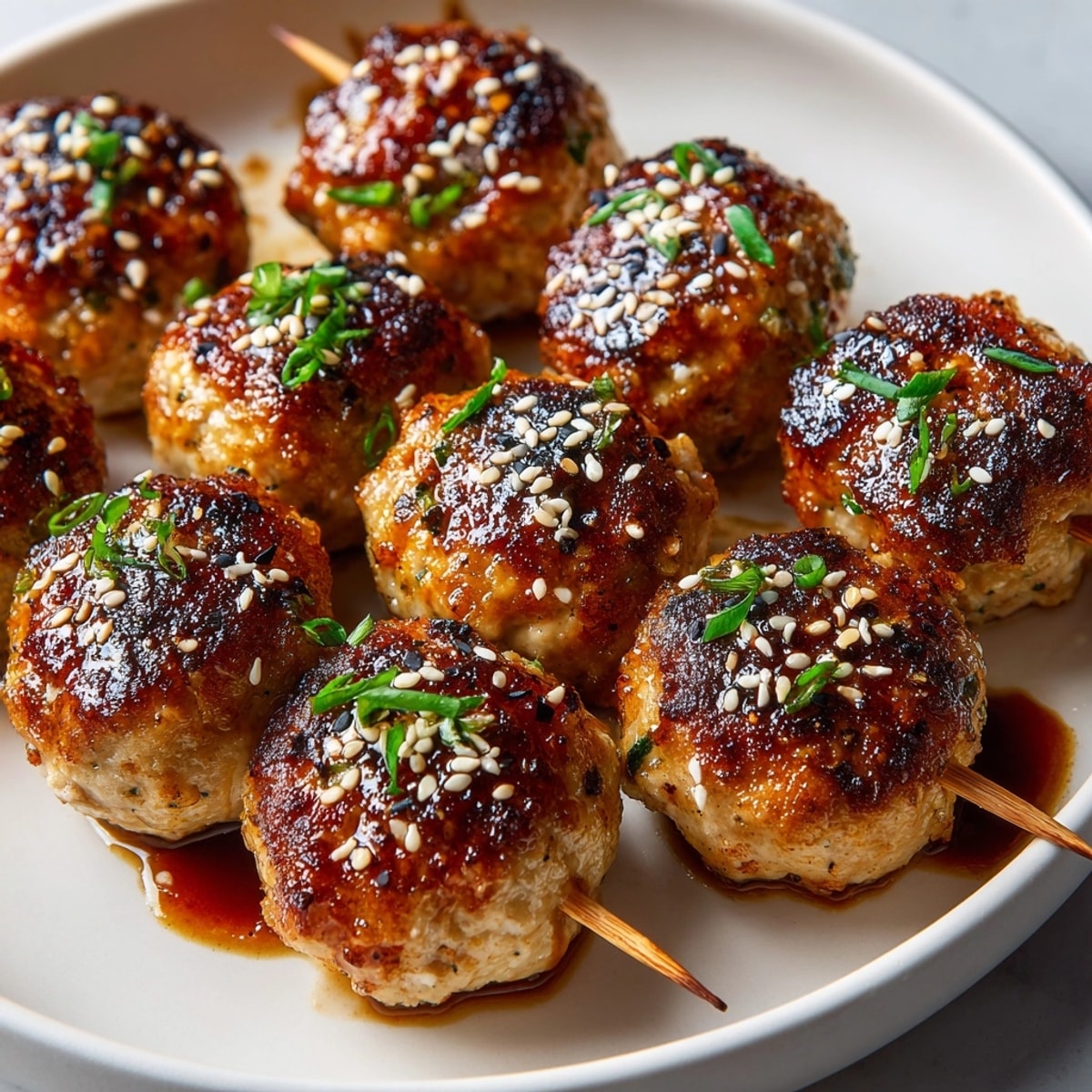 Grilled mini Sriracha turkey meatball skewers, glistening with a sweet chili glaze.