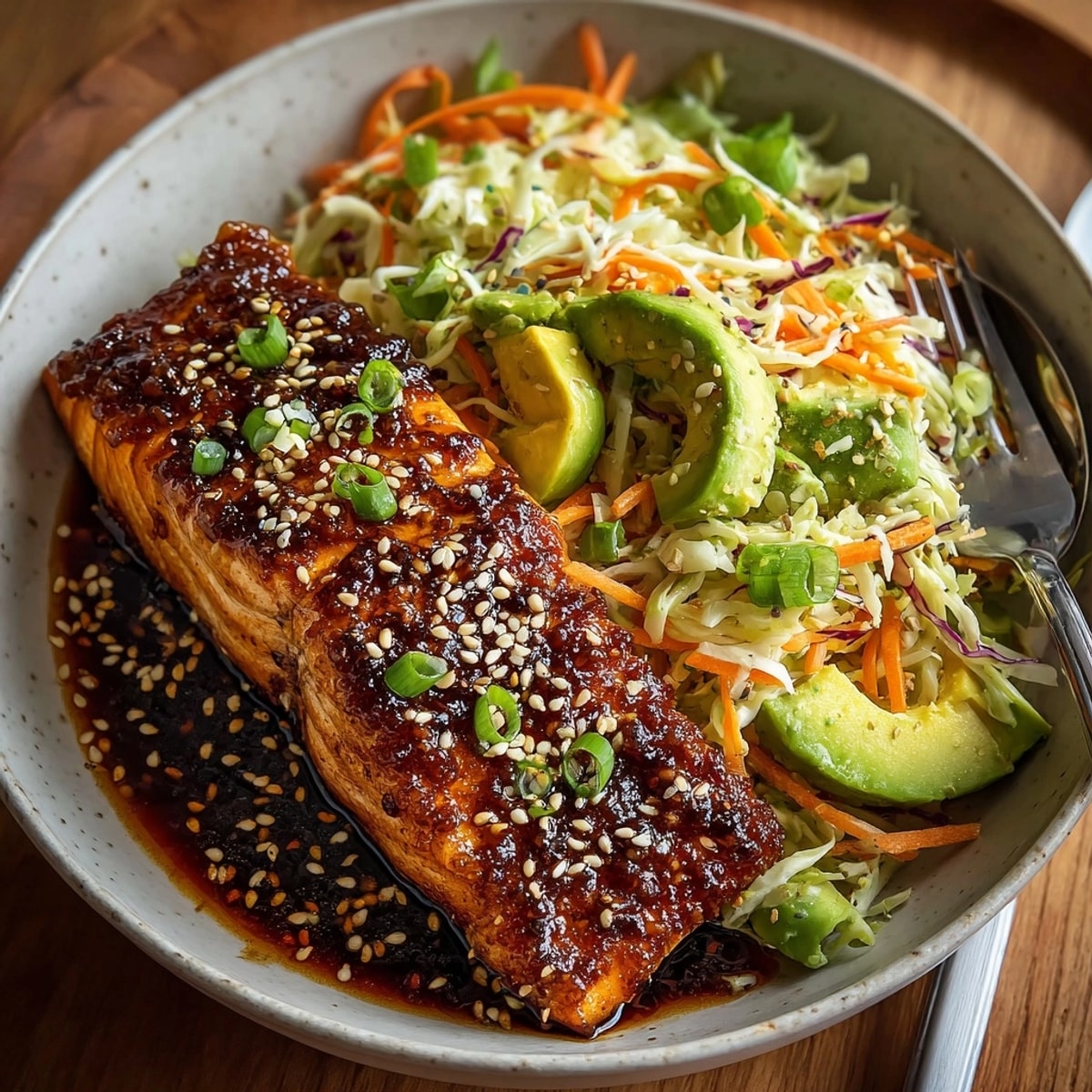 Spicy Honey Salmon Bowl with Avocado Slaw, showcasing flaky salmon atop a vibrant, creamy slaw.