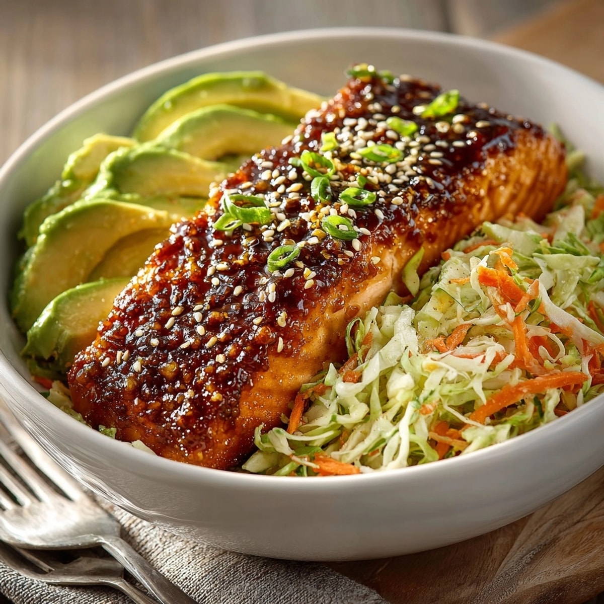 Close-up of a Spicy Honey Salmon Bowl recipe highlighting the glistening, sticky glaze and fresh avocado.