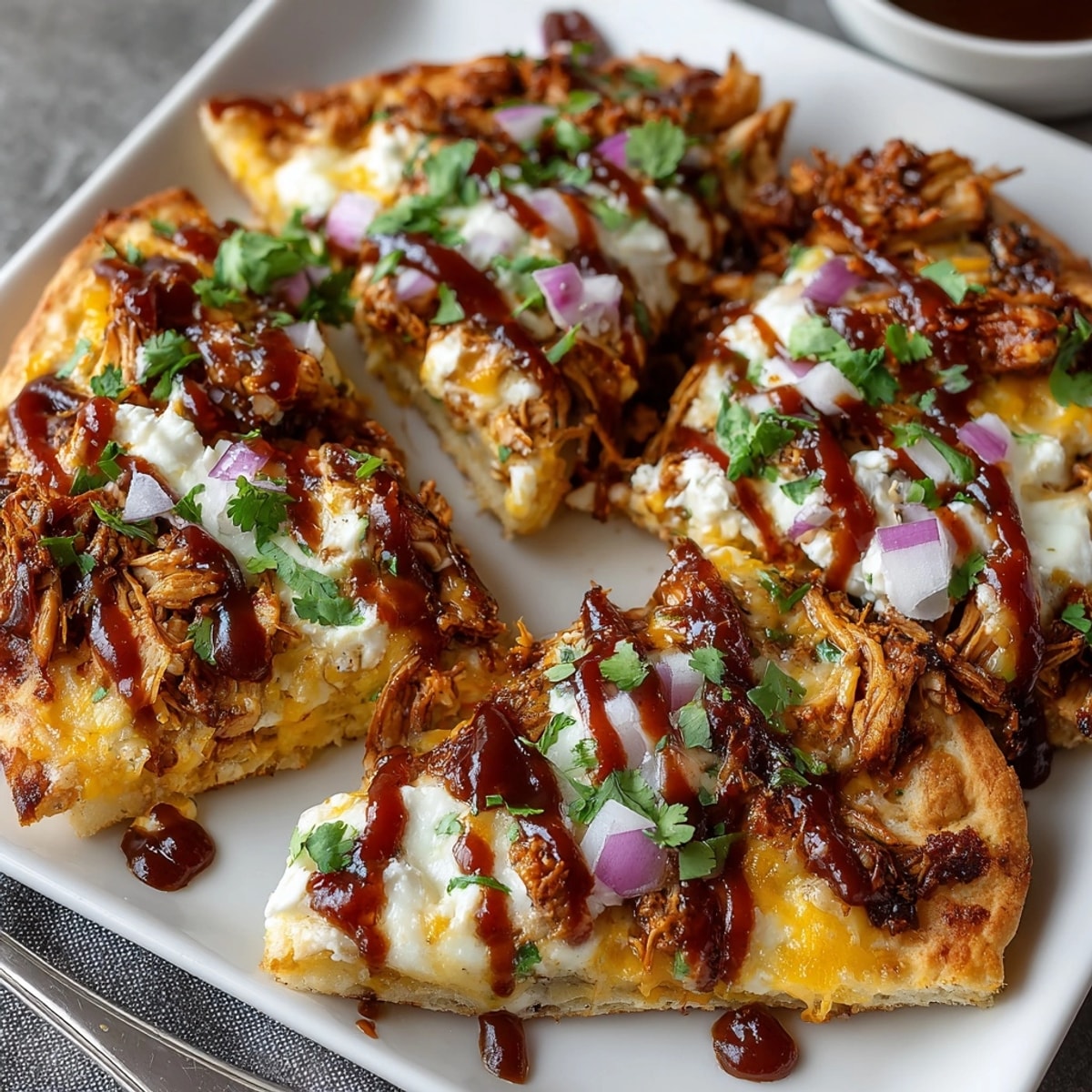 BBQ Chicken Flatbread Nachos: Crispy flatbread piled high, smoky chicken, melted cheese, and tangy BBQ sauce.