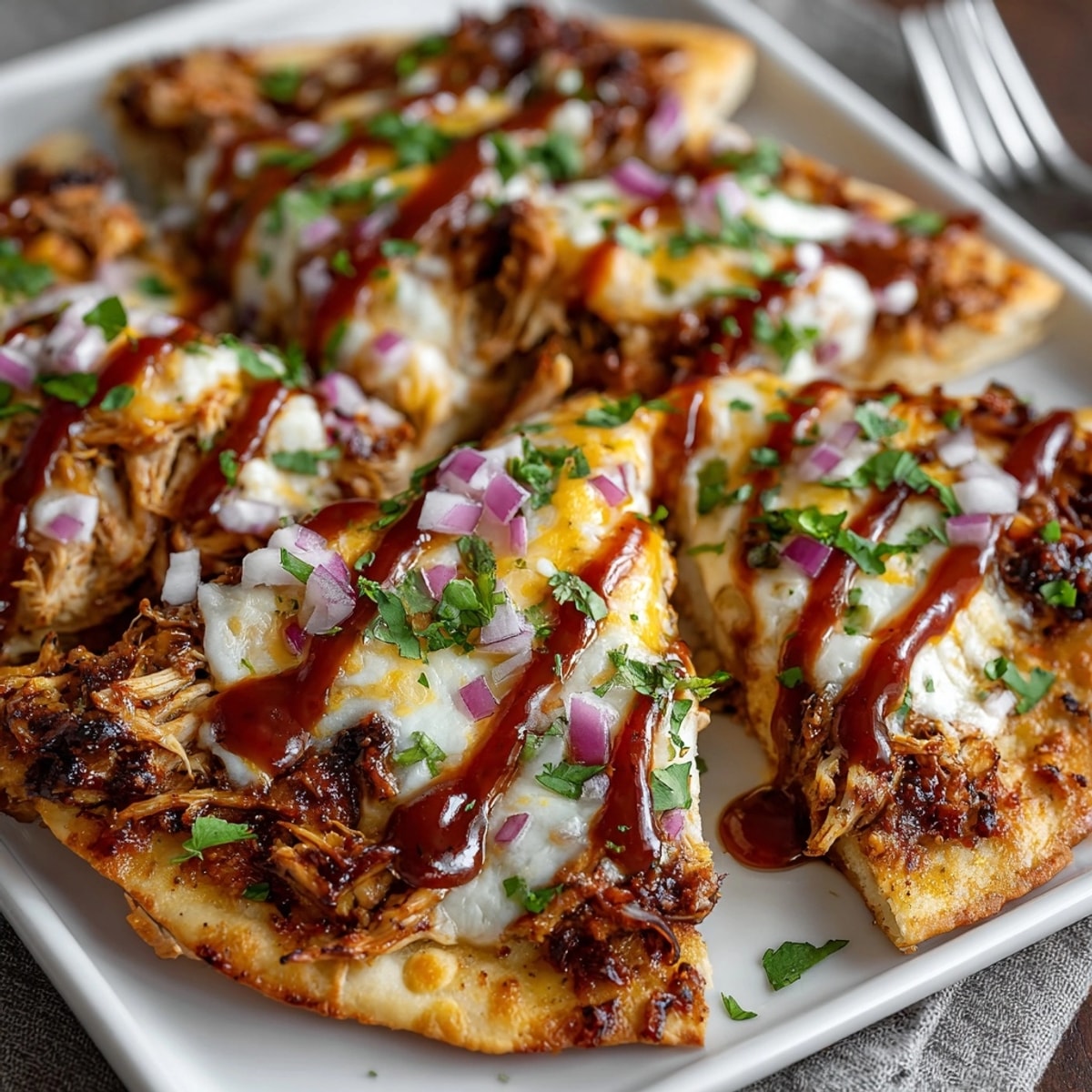 Homemade BBQ Chicken Flatbread Nachos with colorful toppings; an easy dinner your family will devour.