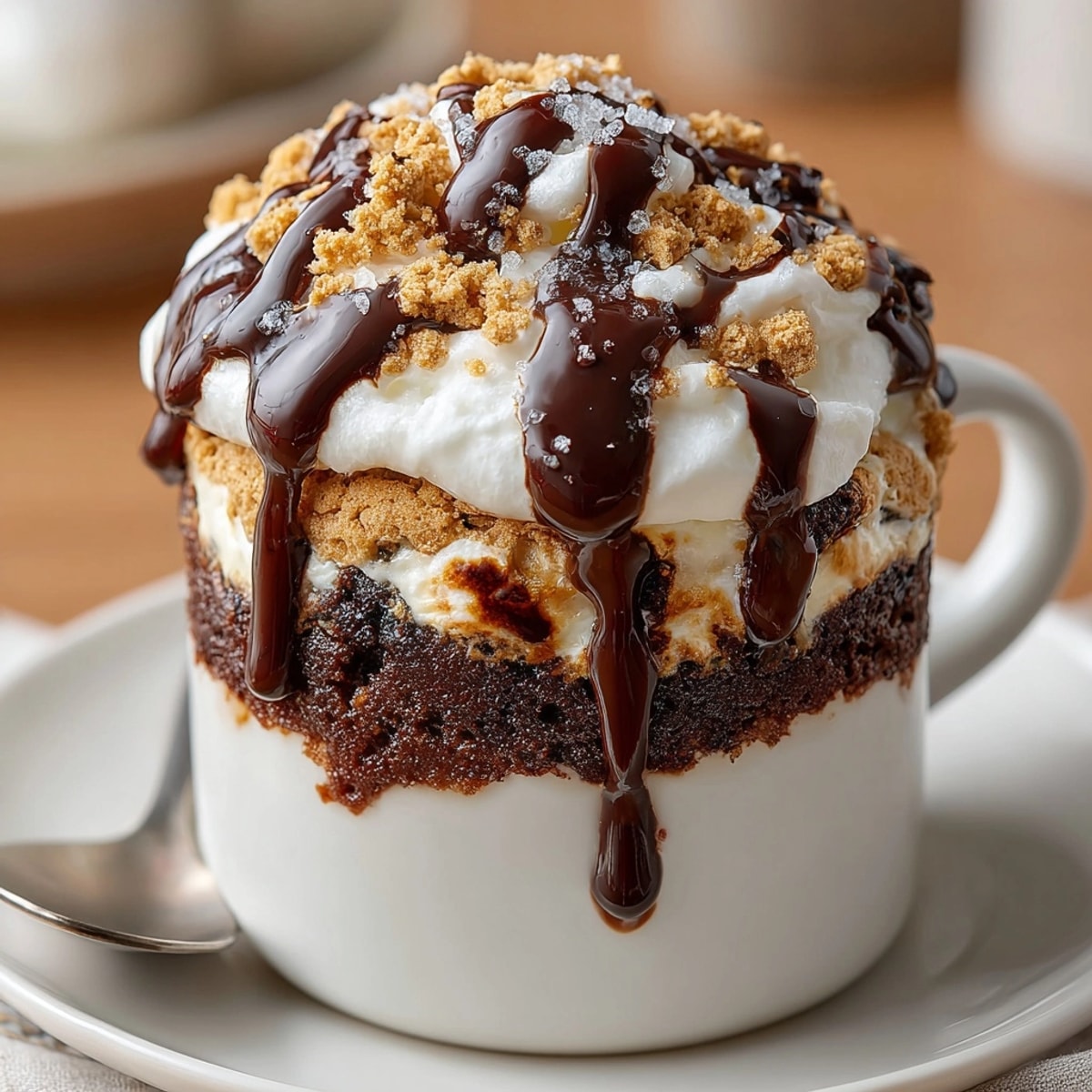 Warm, gooey S'mores Mug Cake with Sea Salt, ready to enjoy right from the microwave.