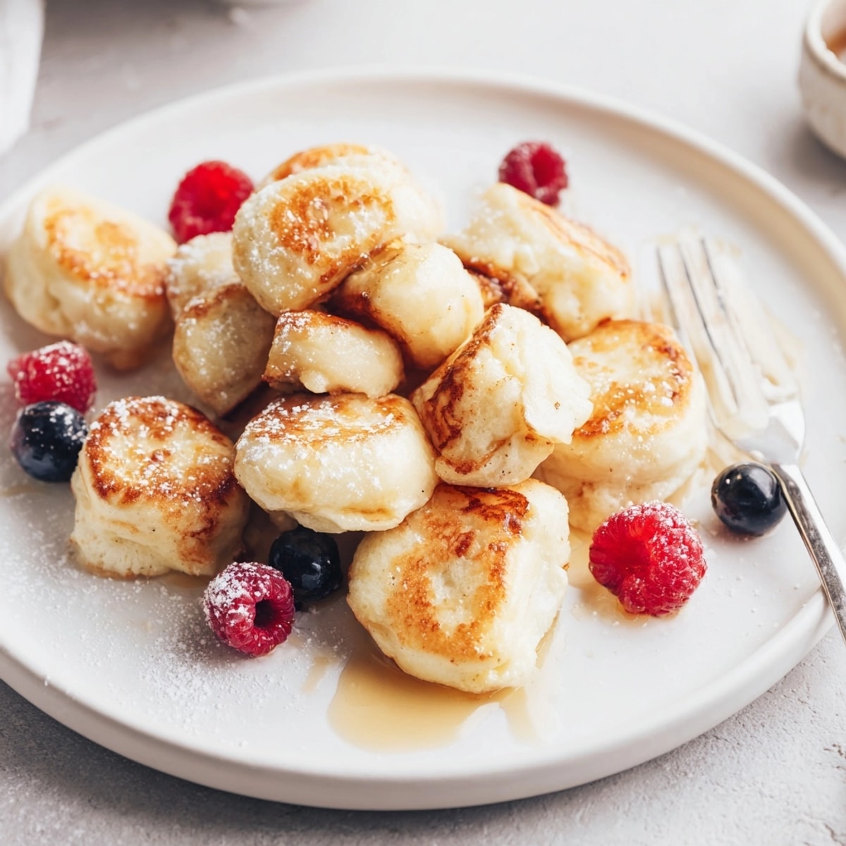 Golden Scrambled Pancake Bites served warm, soft texture, shown with maple syrup and berries.