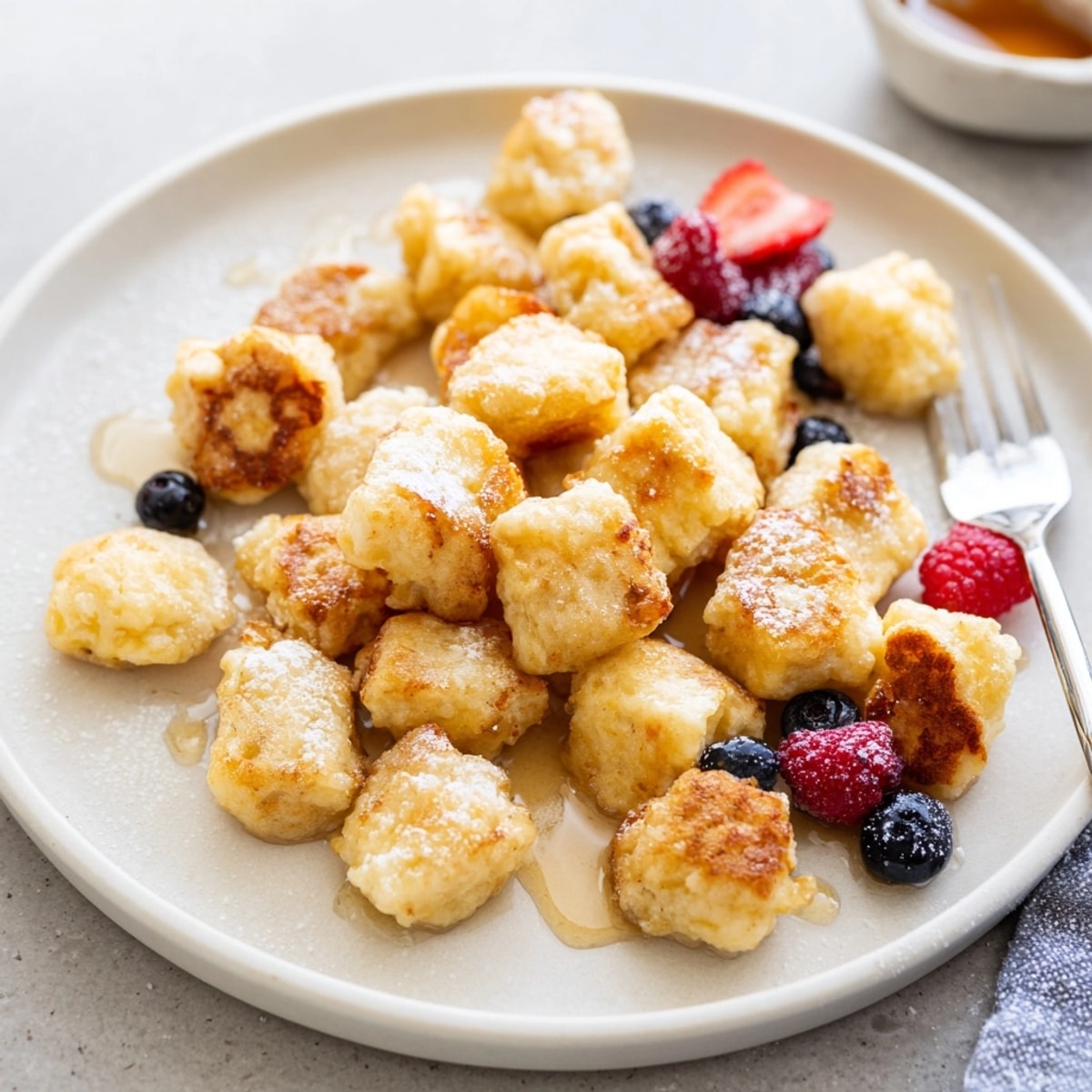 Homemade Scrambled Pancake Bites in a skillet, golden brown and ready to serve warm.