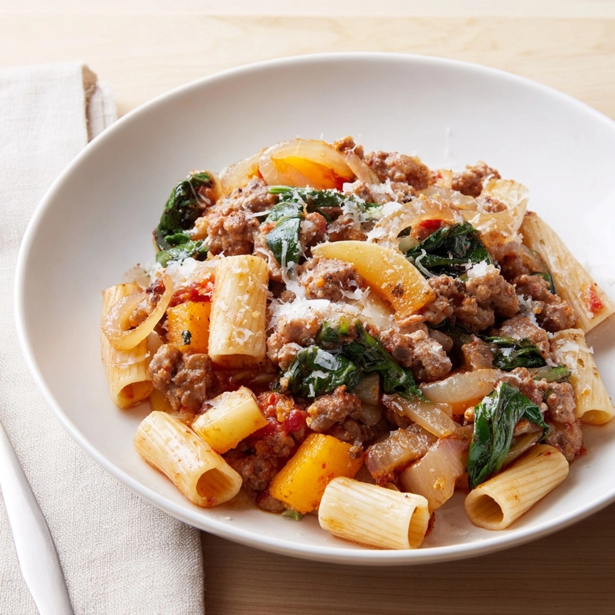 A warm, rustic skillet of Roasted Apple and Sausage Pasta, topped with melted Parmesan.