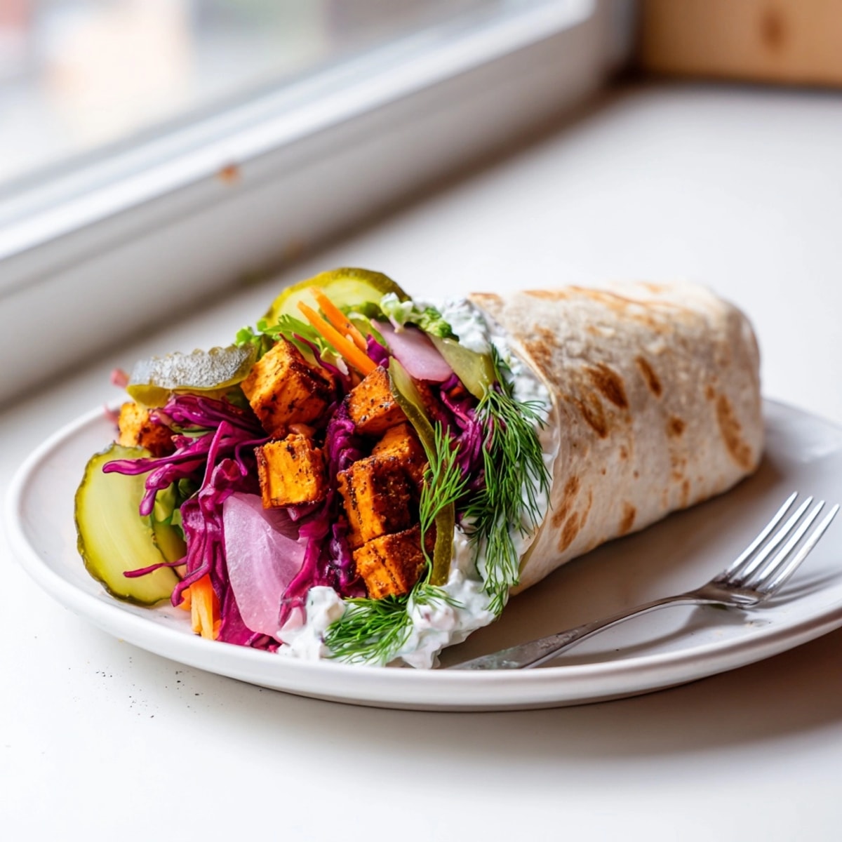 A freshly made Sweet Potato & Pickle Chip Wrap, halved to show layers of filling.