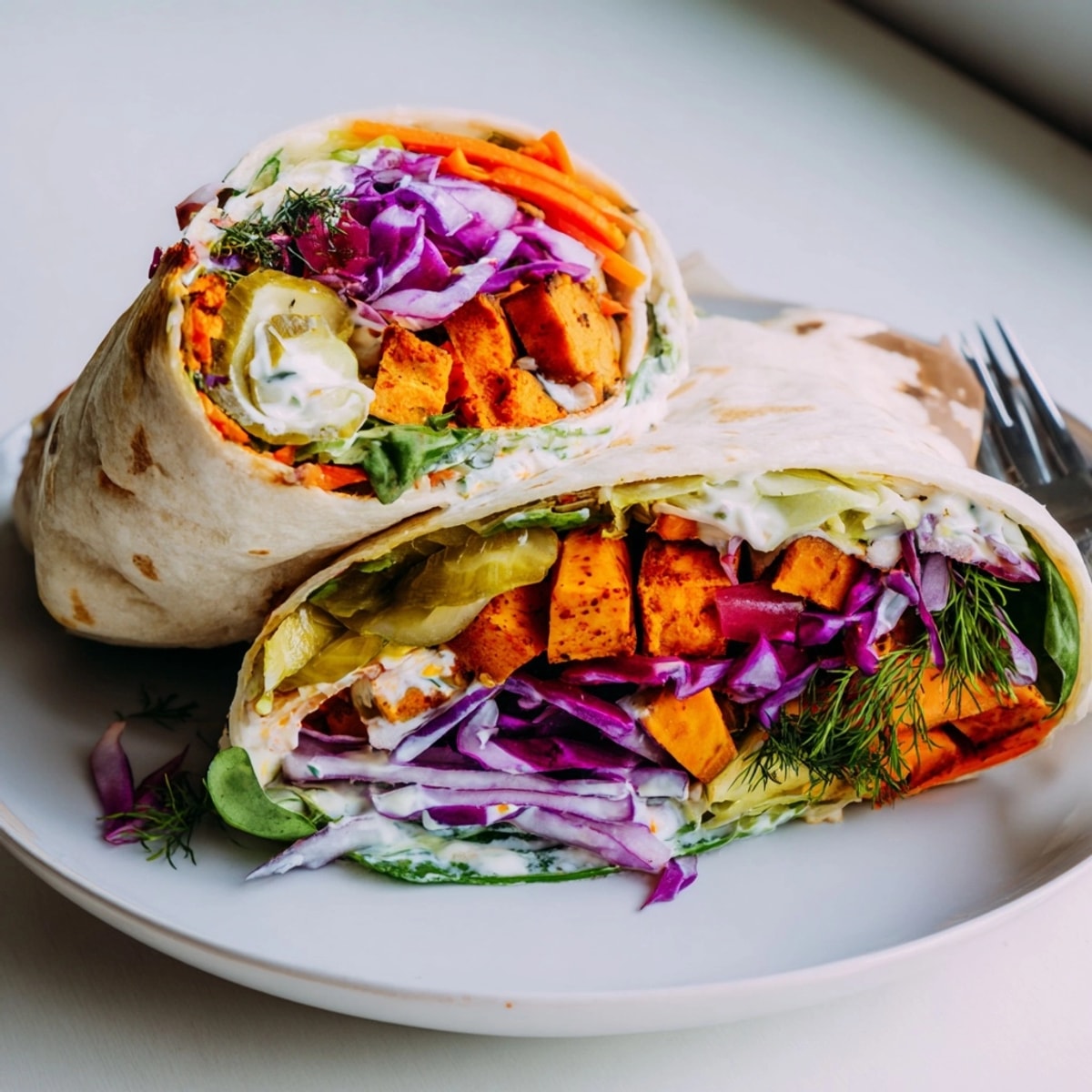 Golden roasted sweet potatoes nestled within a delicious Sweet Potato & Pickle Chip Wrap.