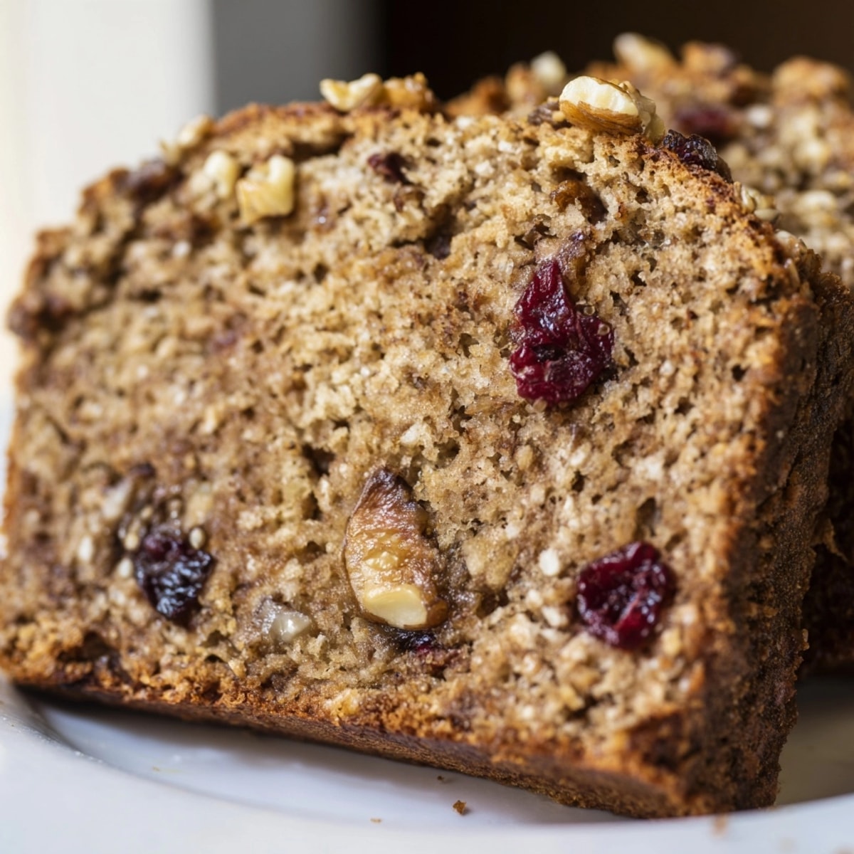 Golden Cinnamon Applesauce Flax Loaf slice reveals moist crumb; cinnamon aroma fills the air.