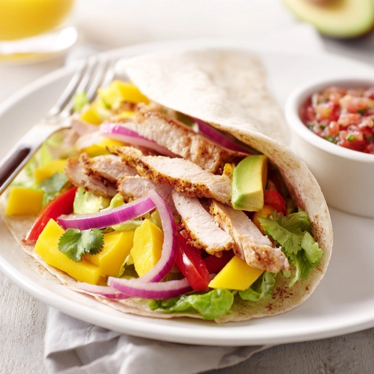 Stacked Mango Avocado Chicken Burritos: Grilled chicken with tropical fruit salsa filling.