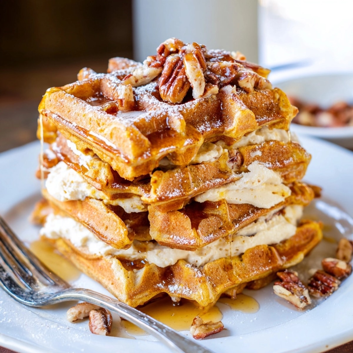 Golden ricotta pumpkin waffle stacks with warm maple drizzle—comfort food brunch goodness.