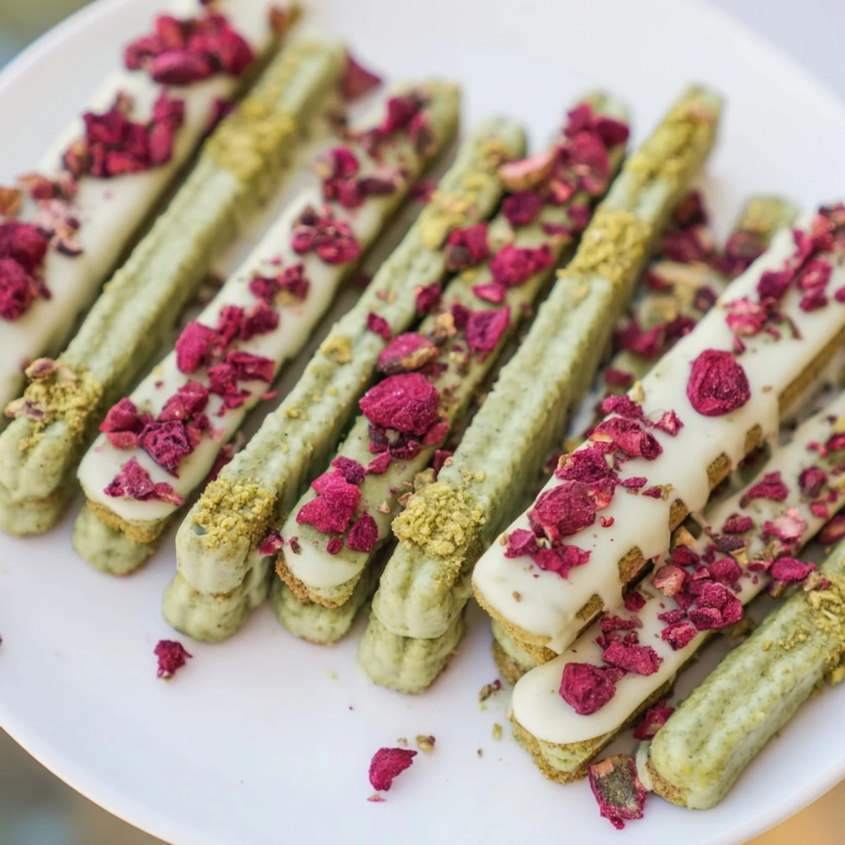 Buttery matcha cookie sticks elegantly arranged for a colorful charcuterie board.  