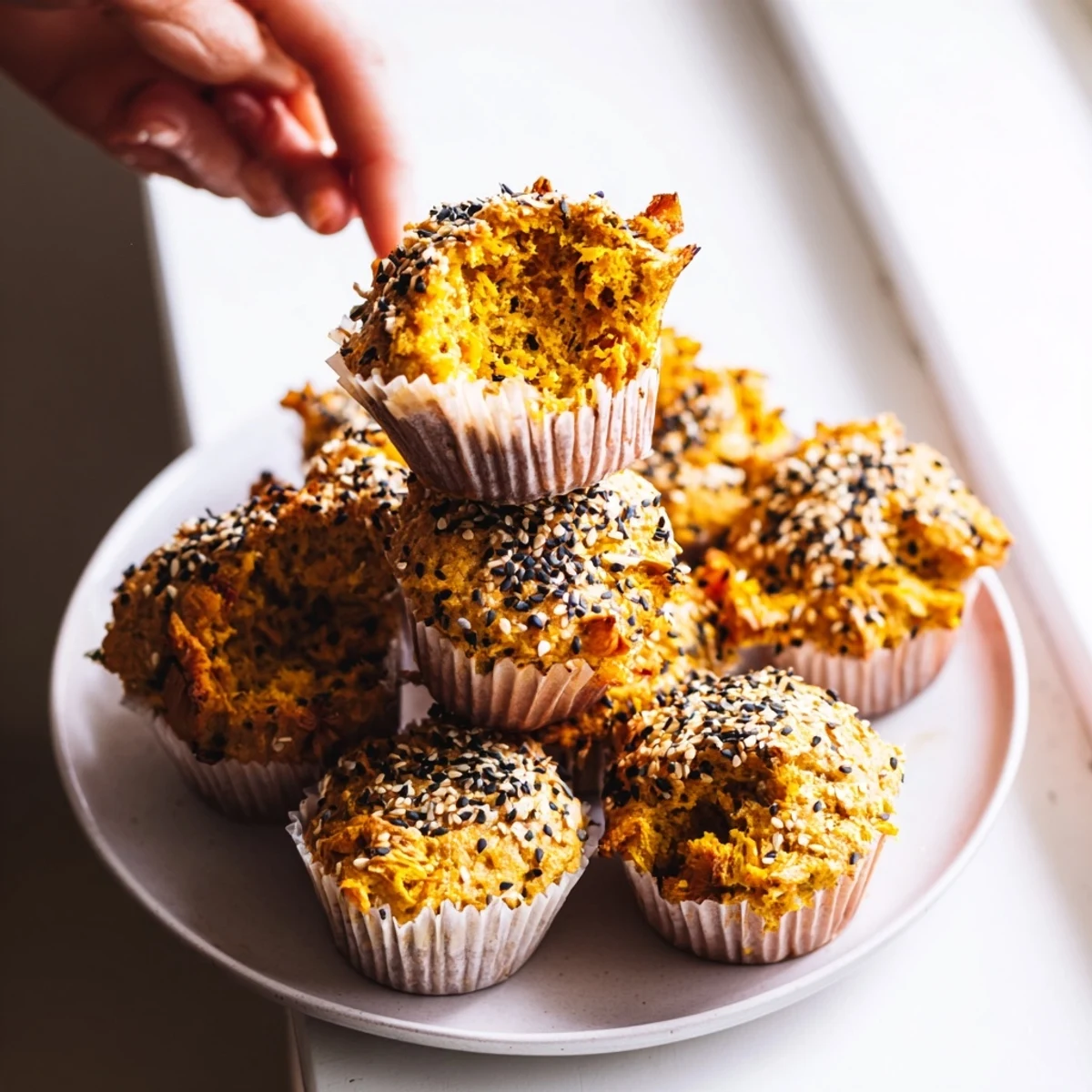 Moist Japanese sesame pumpkin muffins topped with nutty black sesame seeds.