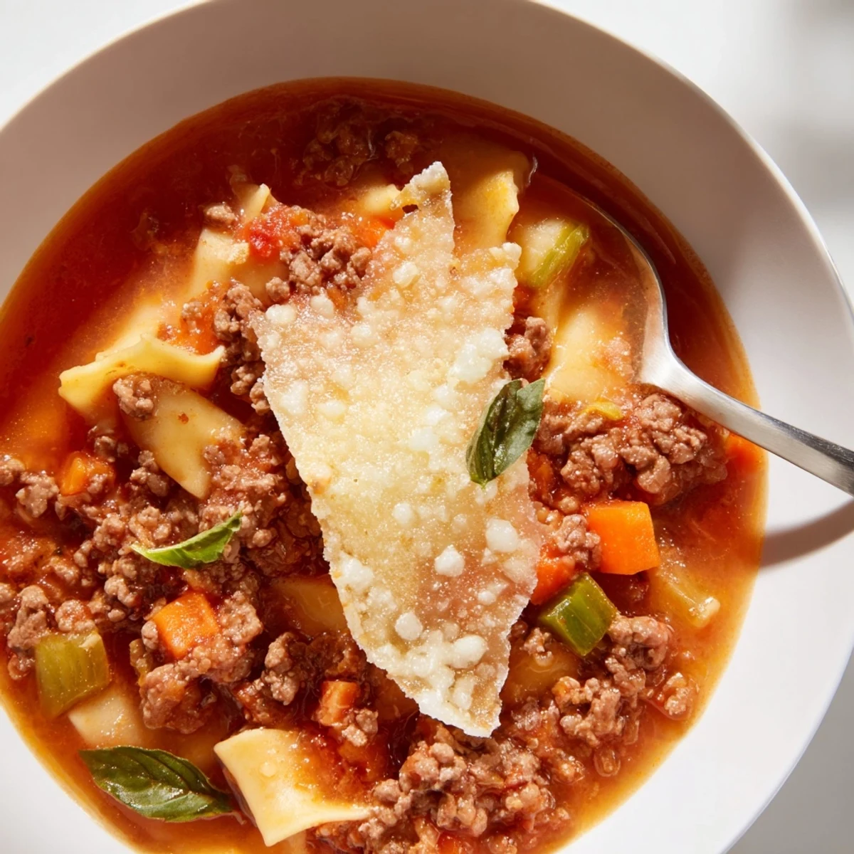 Delicious Lasagne Soup featuring tender pasta and a crunchy cheese crisp on top.
