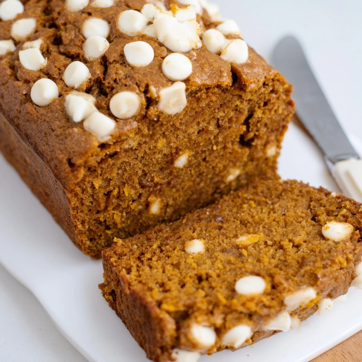 Aromatic pumpkin white chocolate muffin loaf, golden-brown and perfect for breakfast bites.  