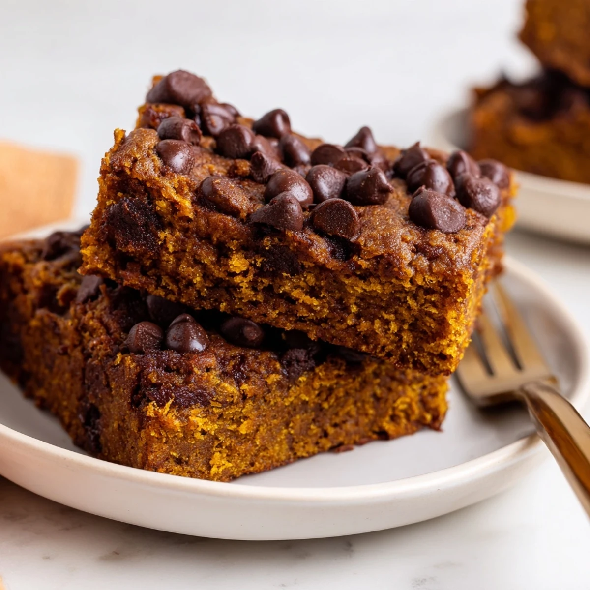 Moist gingerbread pumpkin chocolate chip muffin bars topped with melted chocolate chips.  