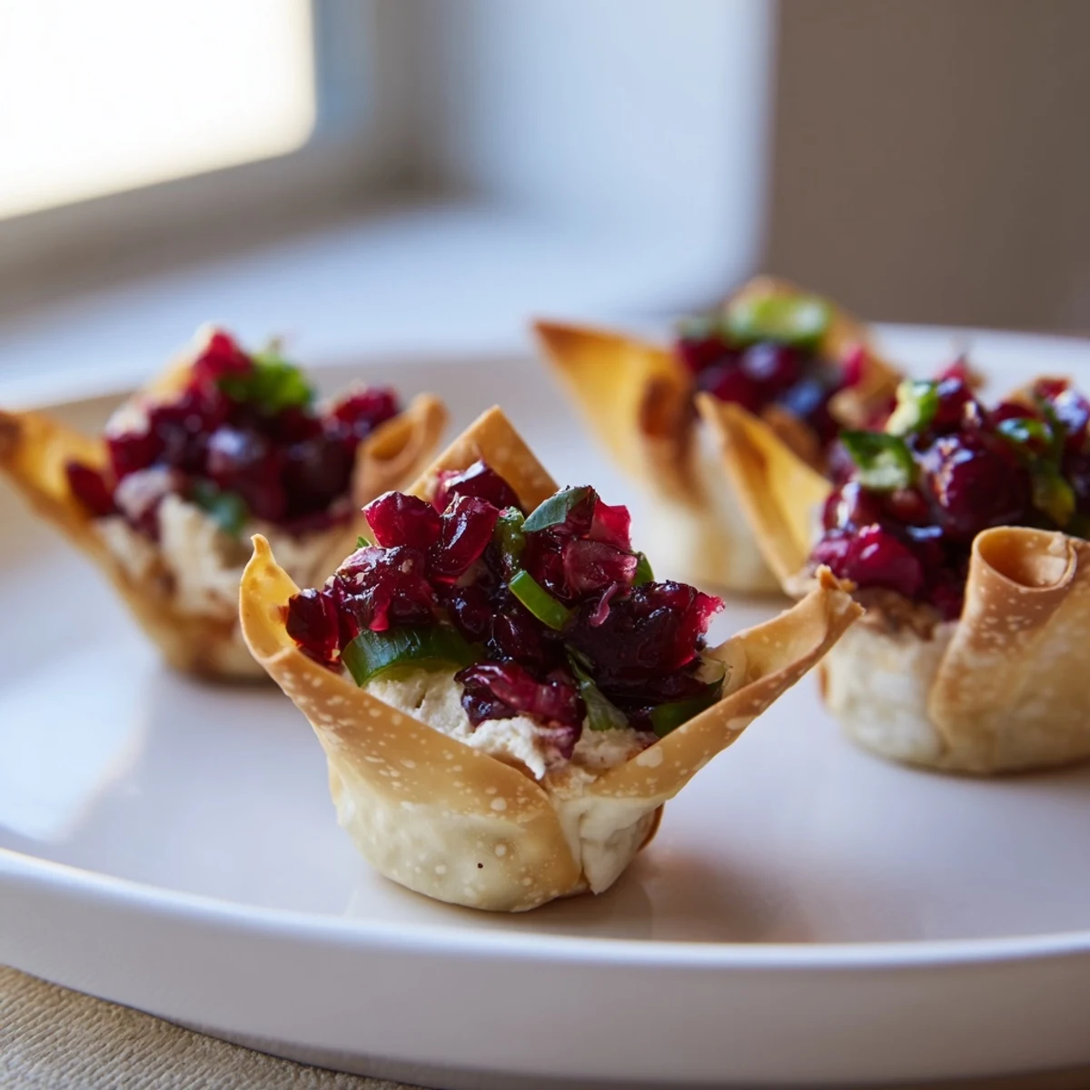 Cranberry jalapeño dip topped wonton cups ready for festive gatherings.  