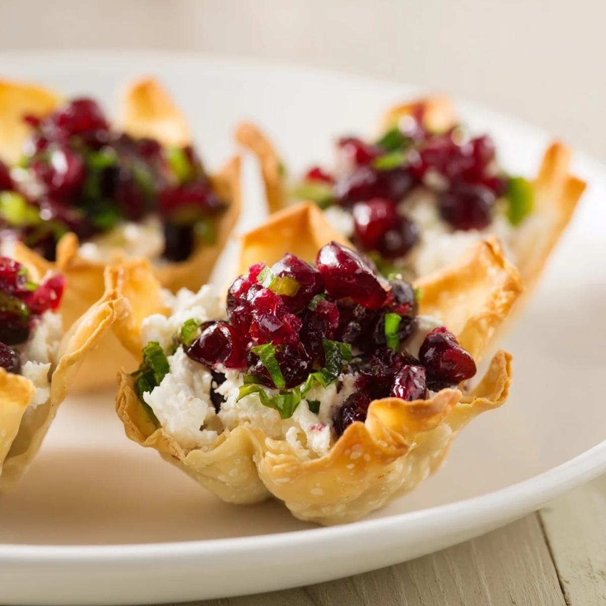 Deliciously vibrant cranberry jalapeño dip served in golden-baked wonton cups.