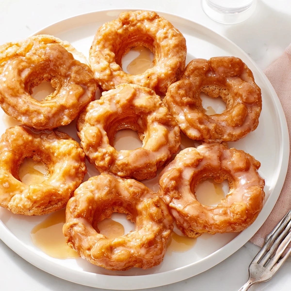 Flaky Sweet Tea Pancake Donuts drizzled with sweet glaze and served warm.  
