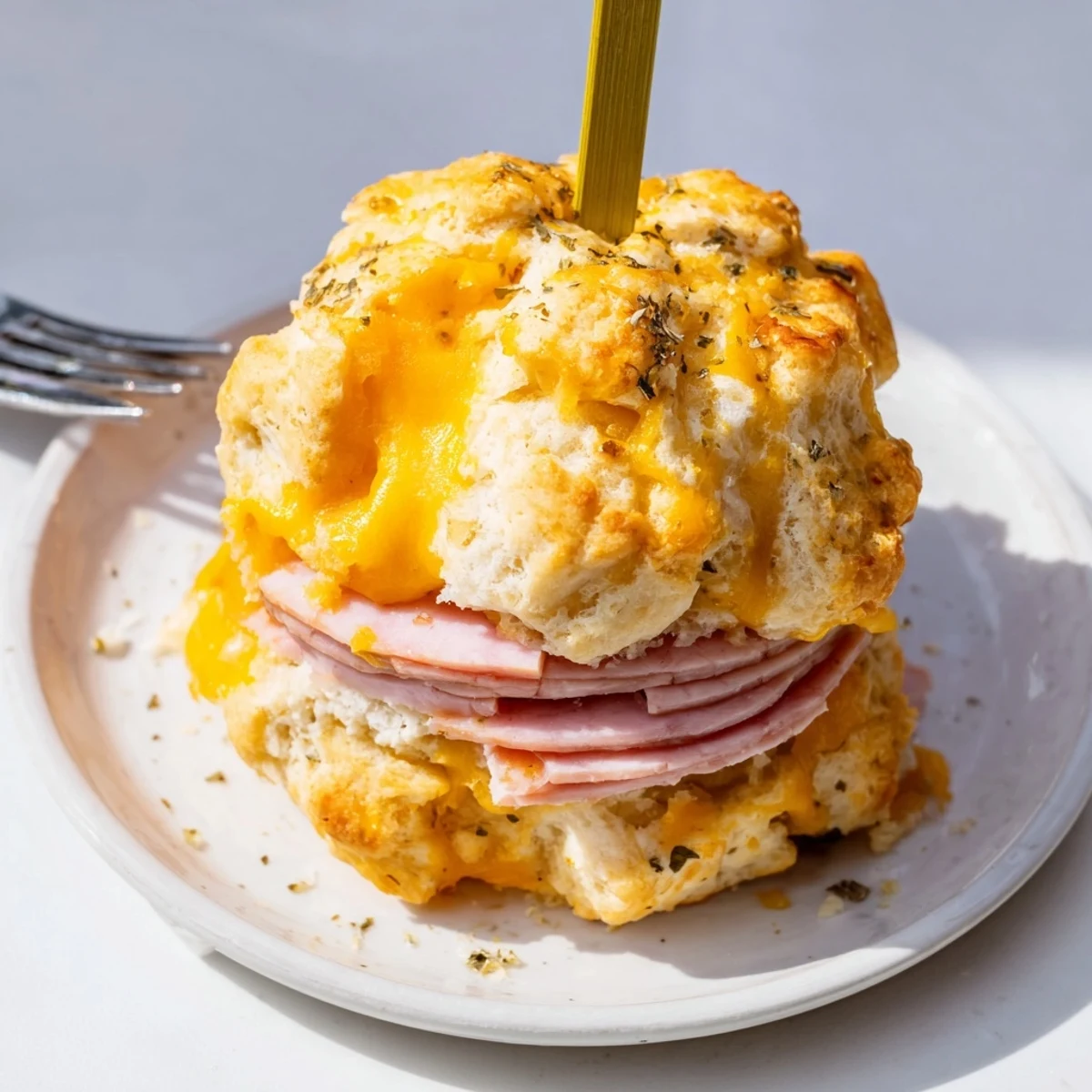 Cheesy Pickle Ham Biscuit Pops stacked on a platter, golden and flaky, ready to serve.  