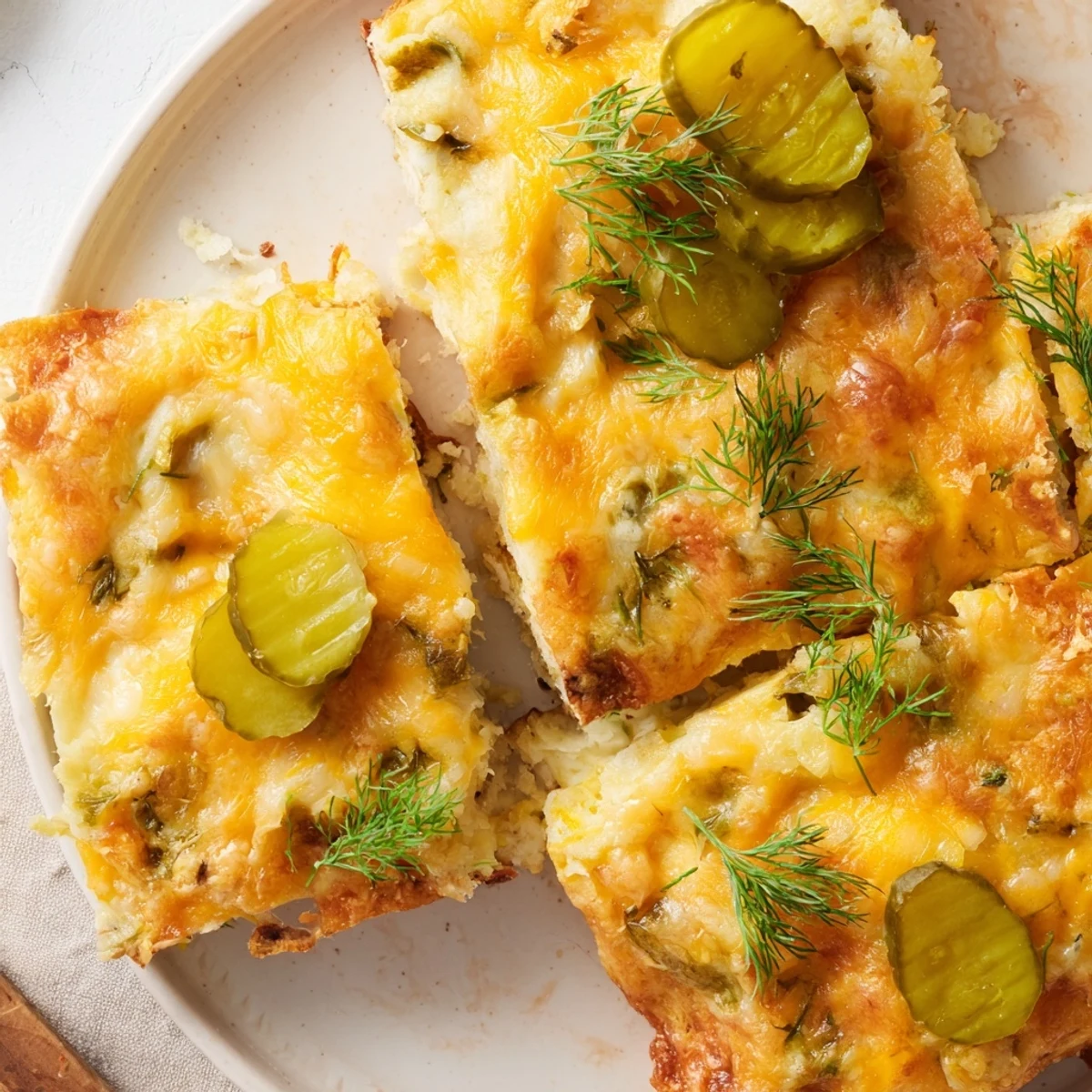 Delicious dill pickle casserole pancake squares garnished with dill and creamy cheese.