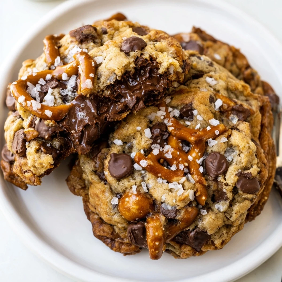 Decadent salted caramel pretzel chocolate chip cookies, dusted with coarse sea salt.  