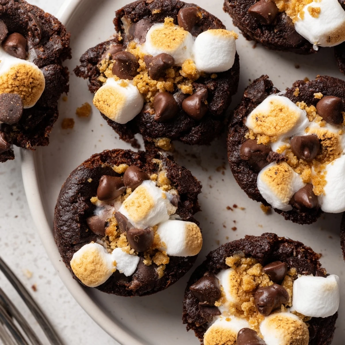 Decadent s'mores brownie bites topped with gooey toasted marshmallows and chocolate.  