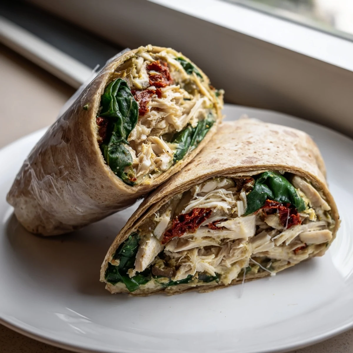Delicious Chicken Pesto Wraps filled with shredded chicken and fresh veggies. 