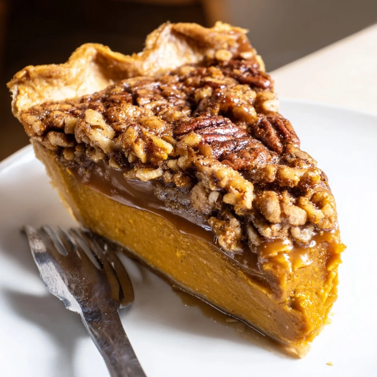 Delight in the creamy layers of Pumpkin Pecan Caramel Pie, perfect for fall gatherings.