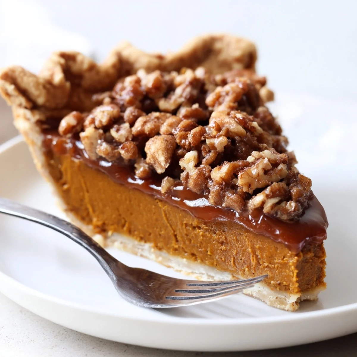 Savor the warm, spiced filling of Pumpkin Pecan Caramel Pie topped with crunchy pecans.  