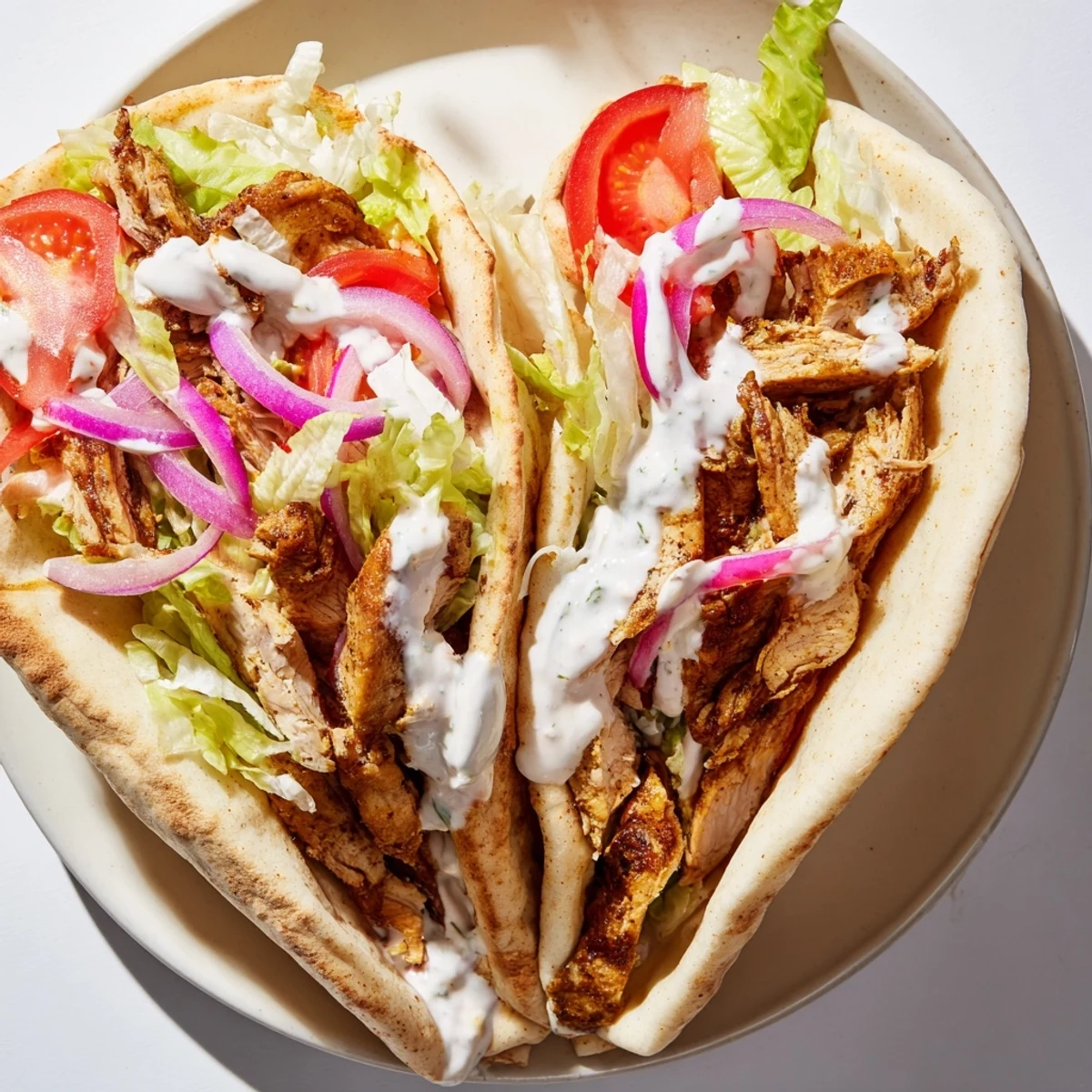 Golden grilled Chicken Shawarma served in soft pita with creamy sauce drizzle.  