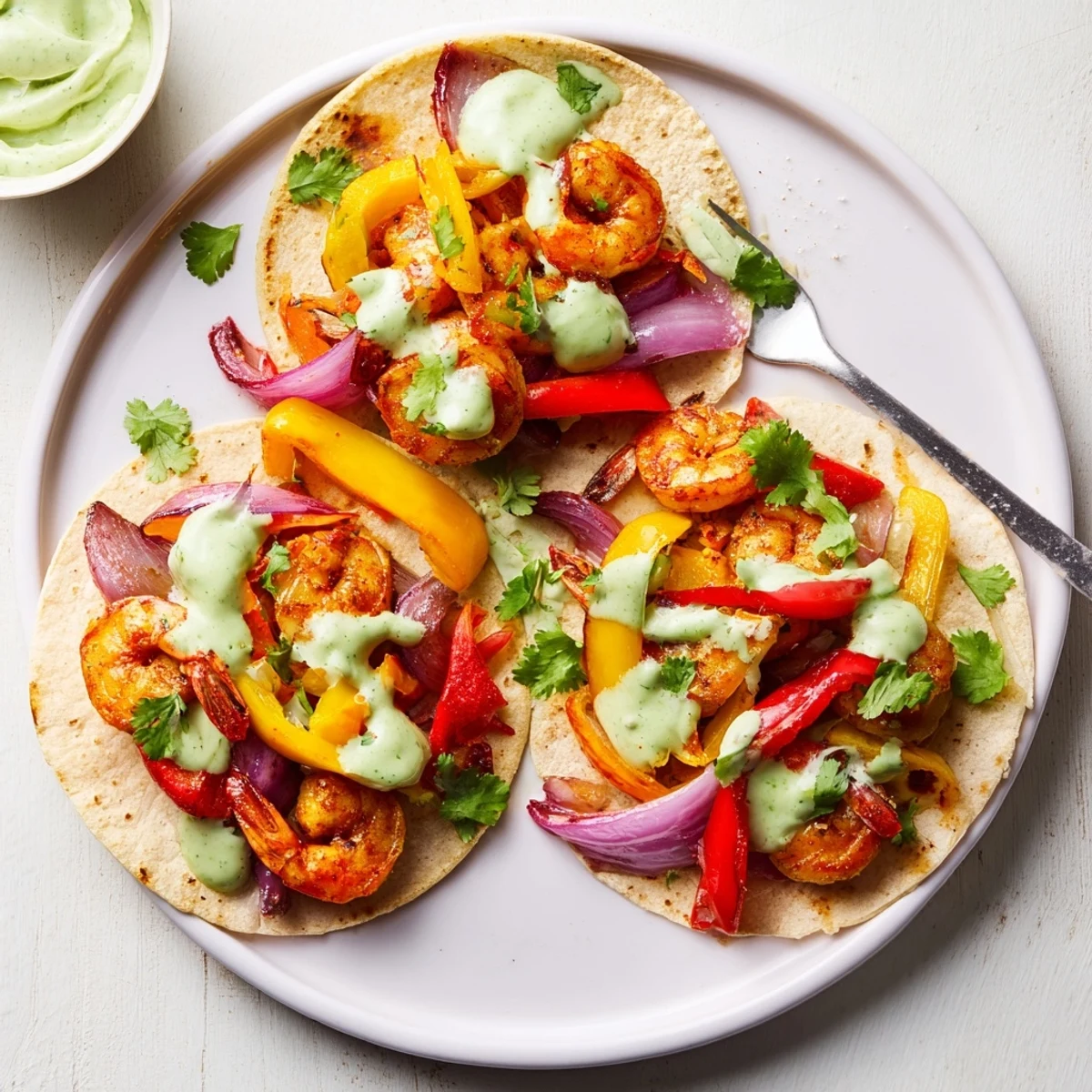 Savory shrimp tacos bursting with flavor, creamy avocado sauce, and zesty lime.