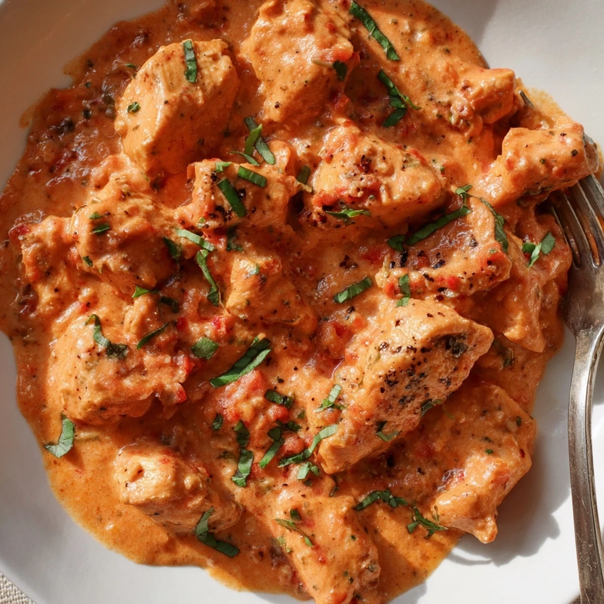 Slow Cooker Creamy Tomato Basil Chicken served over pasta with vibrant fresh basil.  