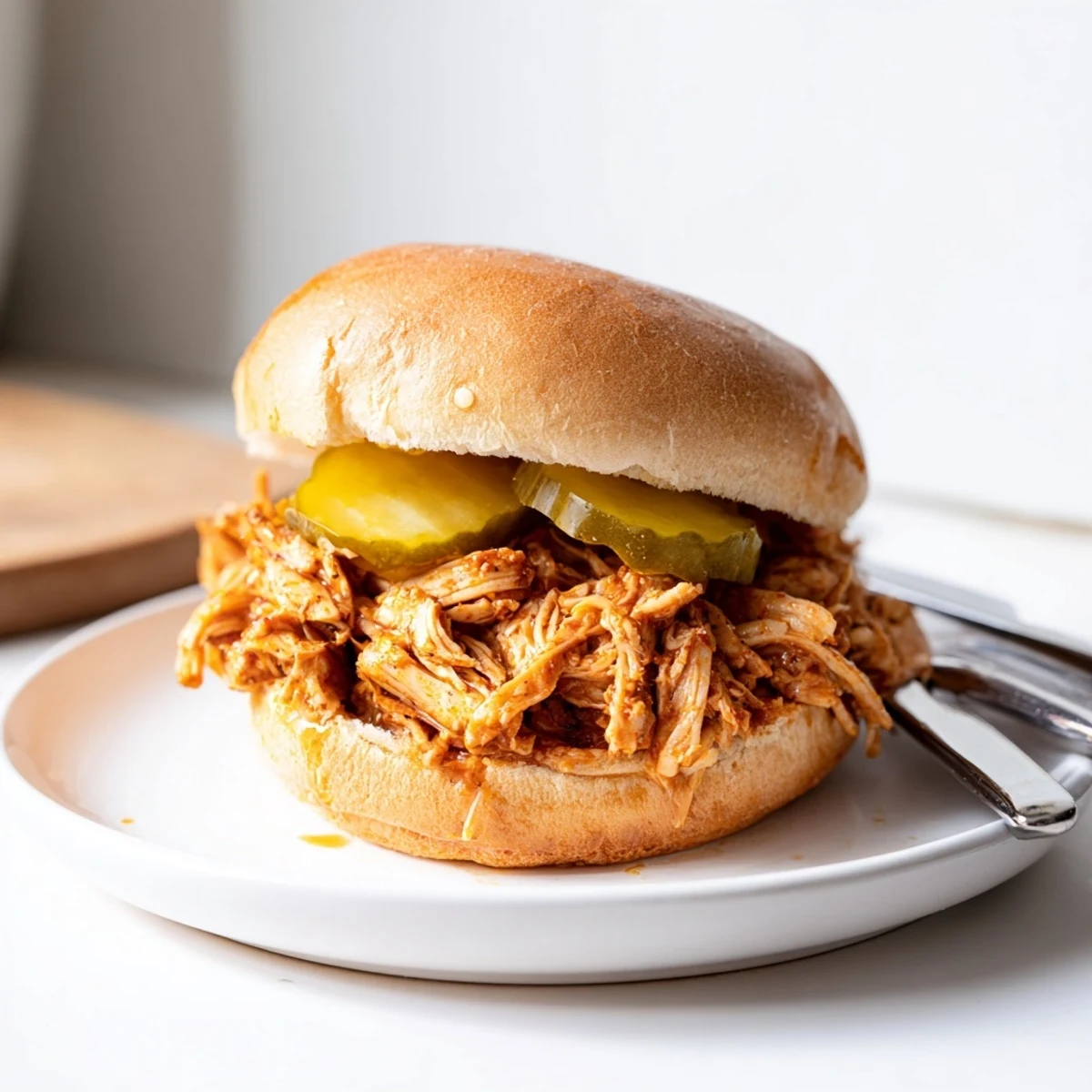 Spicy Crockpot Hot Honey Chicken Sandwiches topped with pickles on soft hamburger buns.