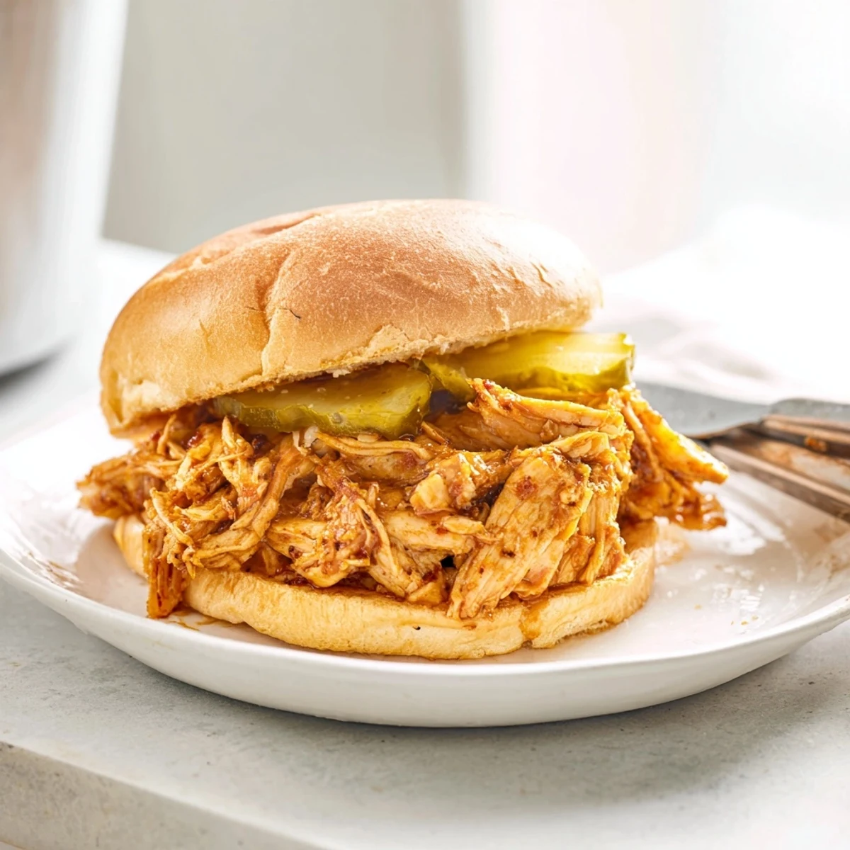 Aromatic shredded Crockpot Hot Honey Chicken Sandwich, perfect for party gatherings and picnics.
