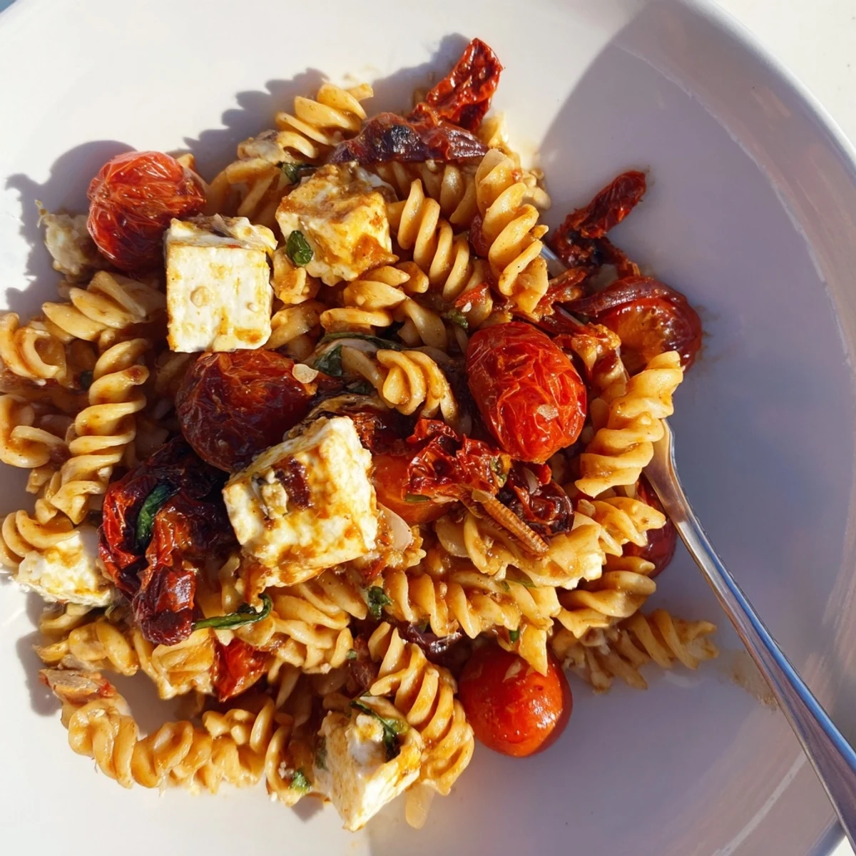 Creamy Baked Feta Pasta 2.0 with caramelized onions and sun-dried tomatoes ready to serve.  