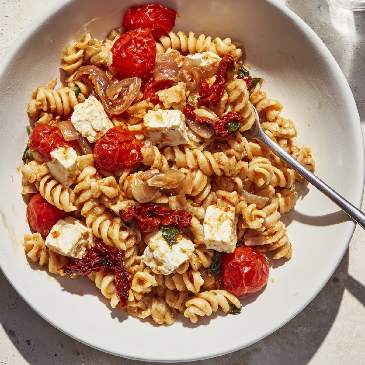 Evocative Baked Feta Pasta 2.0, featuring rich feta and sweet cherry tomatoes in a dish.