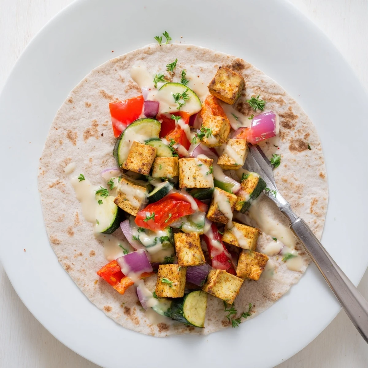 Satisfying Vegan Viral Recipe Re-make served in warm pita, drizzled with yogurt sauce.