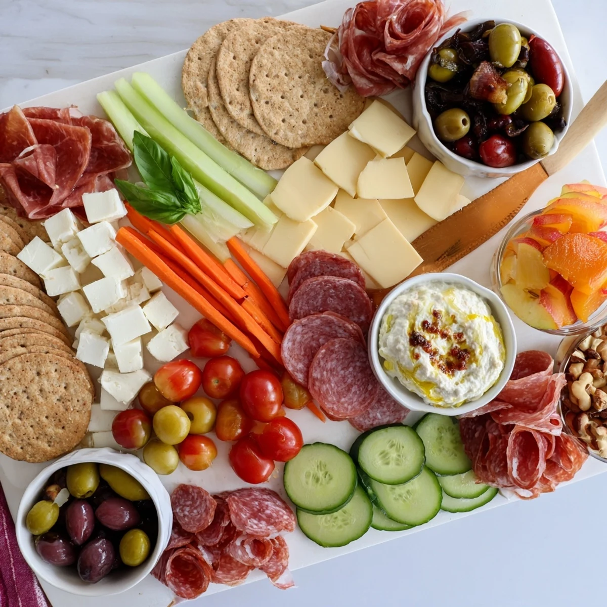 An inviting girl dinner platter with creamy cheeses, crunchy snacks, and delicious dips.