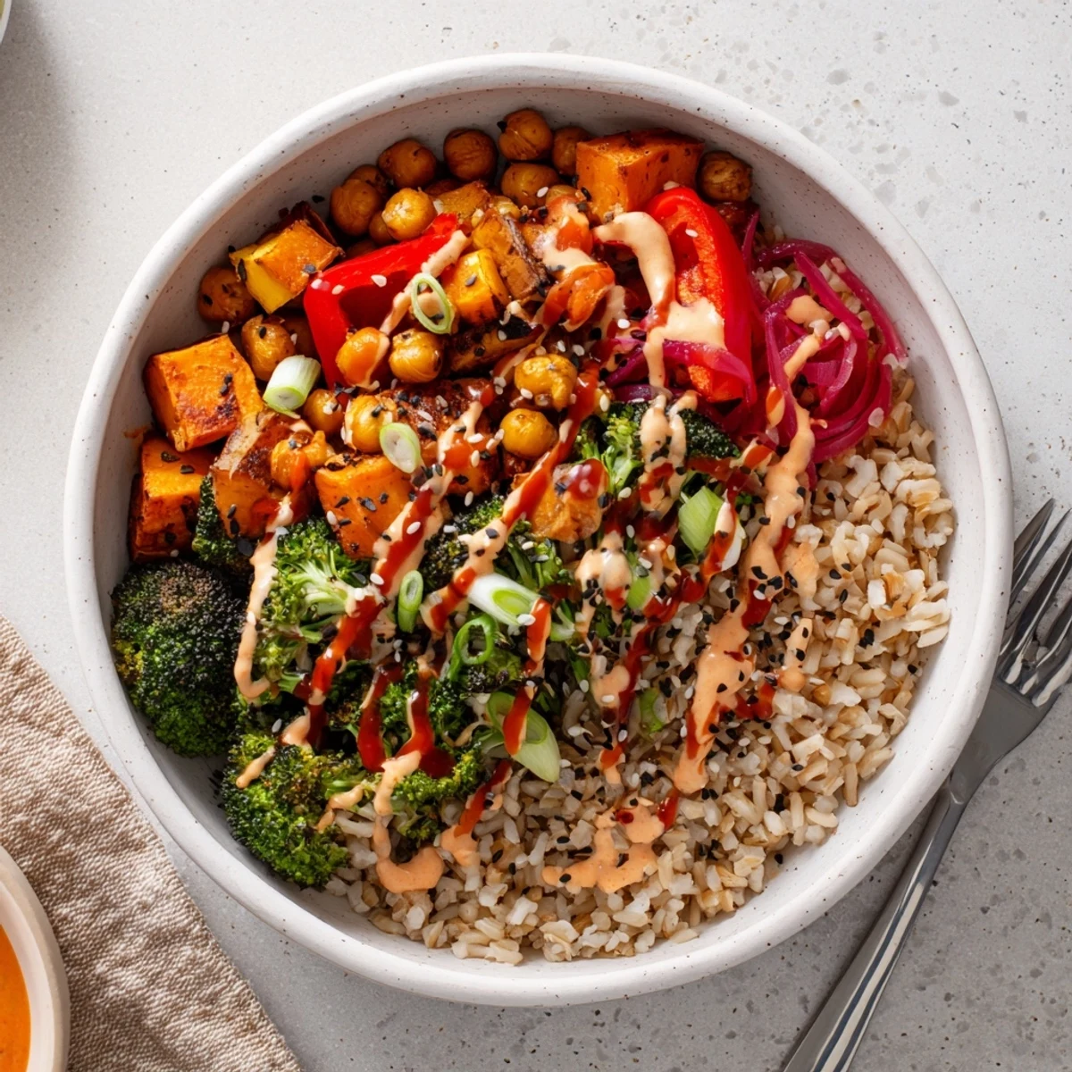 Vibrant Bold Sauce Drizzle Bowls topped with roasted vegetables and nutritious grains.  